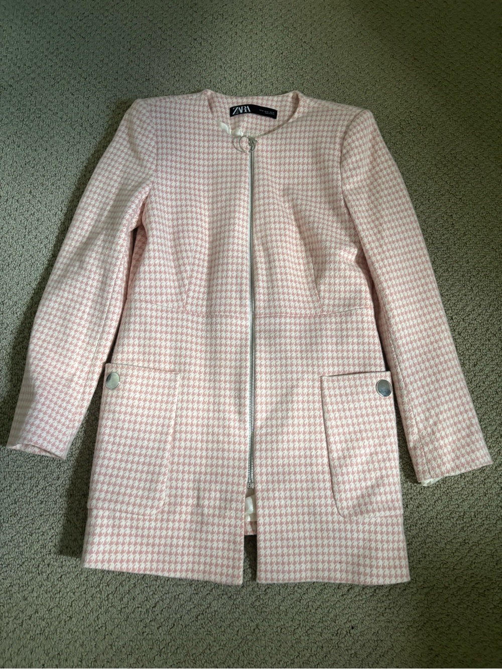 Zara Light Pink Houndstooth Zip-Front Trench Coat